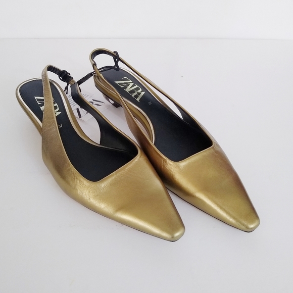 Zara Shoes - NWT Zara Leather Pointed Toe Gold Flats